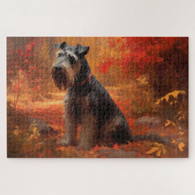 Schnauzer in Autumn Leaves Fall Inspire Jigsaw Puzzle (Horizontal)