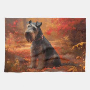 Schnauzer in Autumn Leaves Fall Inspire Tea Towel