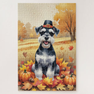 Schnauzer In Autumn Leaves Thanksgiving Art Jigsaw Puzzle