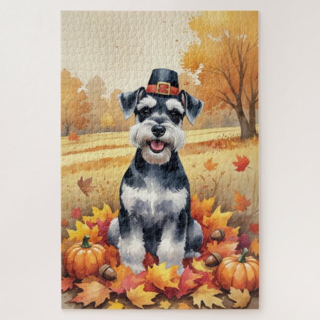 Schnauzer In Autumn Leaves Thanksgiving Art  Jigsaw Puzzle (Vertical)