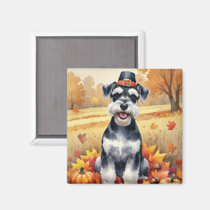 Schnauzer In Autumn Leaves Thanksgiving Art  Magnet