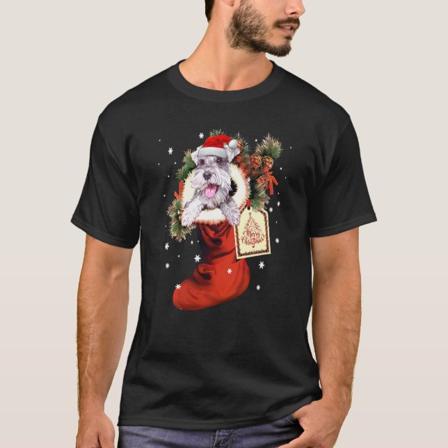 Schnauzer In Sock Christmas Santa Hat Xmas Dog Lov T-Shirt (Front)
