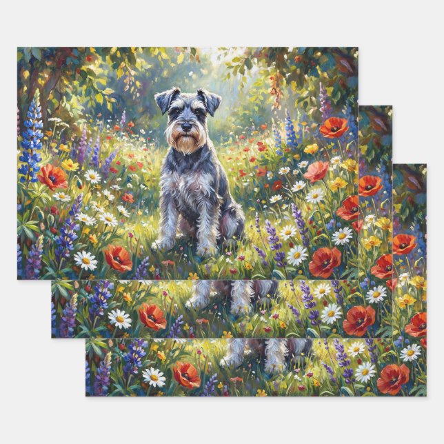 Schnauzer in Wildflower Meadow Decoupage Wrapping Paper Sheet (Set)