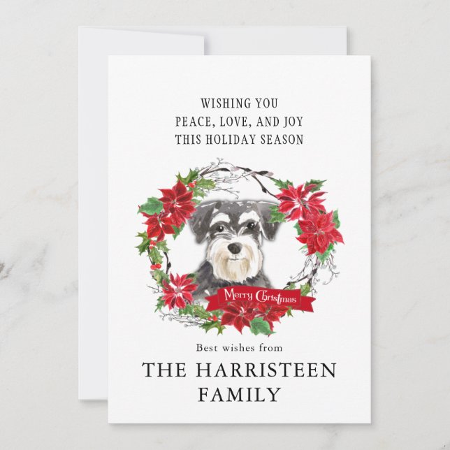 Schnauzer Mini Watercolor Poinsettia Christmas Holiday Card (Front)