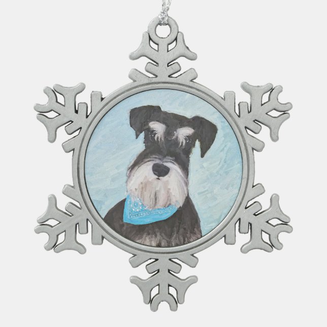 Schnauzer (Miniature) Painting - Cute Original Dog Snowflake Pewter Christmas Ornament (Front)