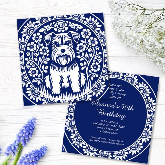 Schnauzer or Norfolk Terrier Charming Folk Art Invitation (Creator Uploaded)