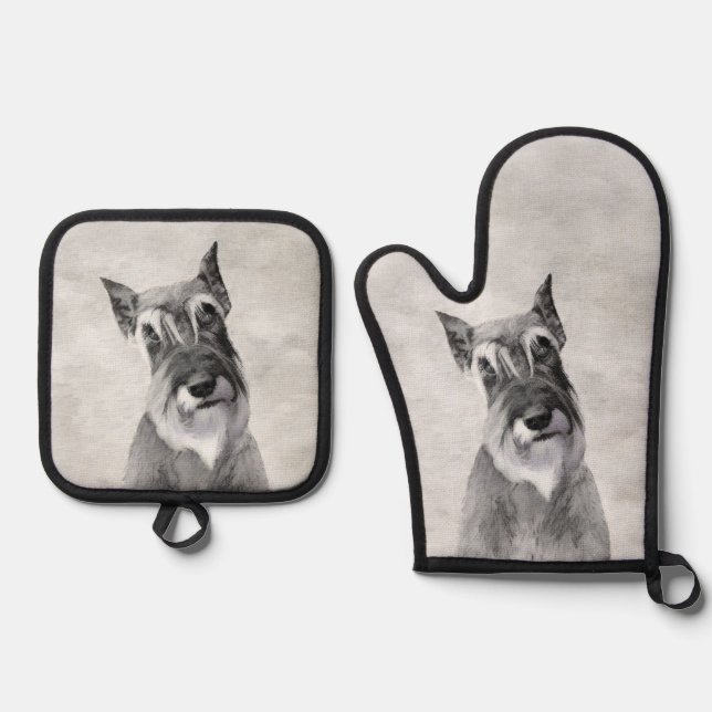 Schnauzer Painting Giant Cropped Original Dog Art Oven Mitt & Pot Holder Set (Front)