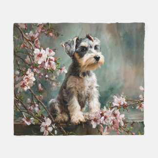 Schnauzer Puppy Among Spring Cherry Blossoms Fleece Blanket