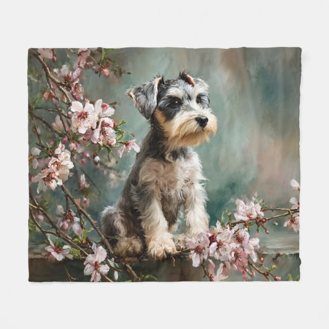 Schnauzer Puppy Among Spring Cherry Blossoms Fleece Blanket (Front (Horizontal))