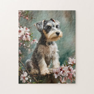 Schnauzer Puppy Among Spring Cherry Blossoms Jigsaw Puzzle