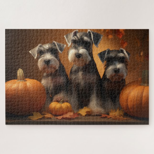 Schnauzer Puppy Autumn Delight Pumpkin  Jigsaw Puzzle (Horizontal)