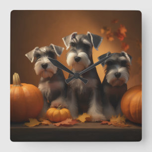 Schnauzer Puppy Autumn Delight Pumpkin Square Wall Clock