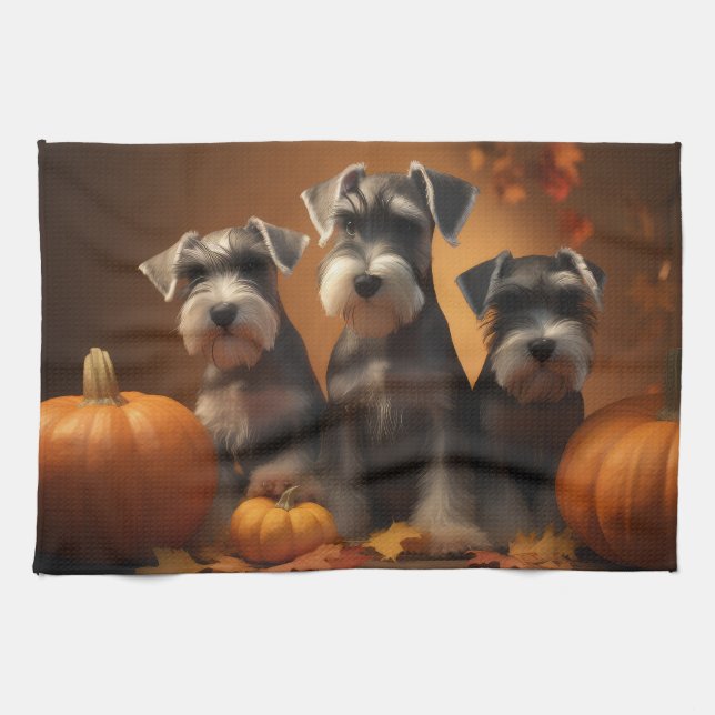 Schnauzer Puppy Autumn Delight Pumpkin  Tea Towel (Horizontal)
