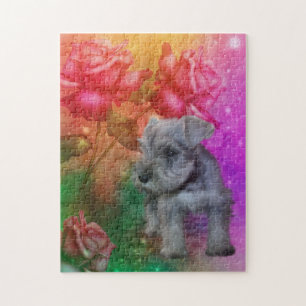 Schnauzer Puppy Fantasy Roses Dog Art Jigsaw Puzzle