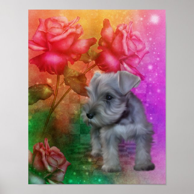 Schnauzer Puppy Fantasy Roses Dog Art Poster (Front)