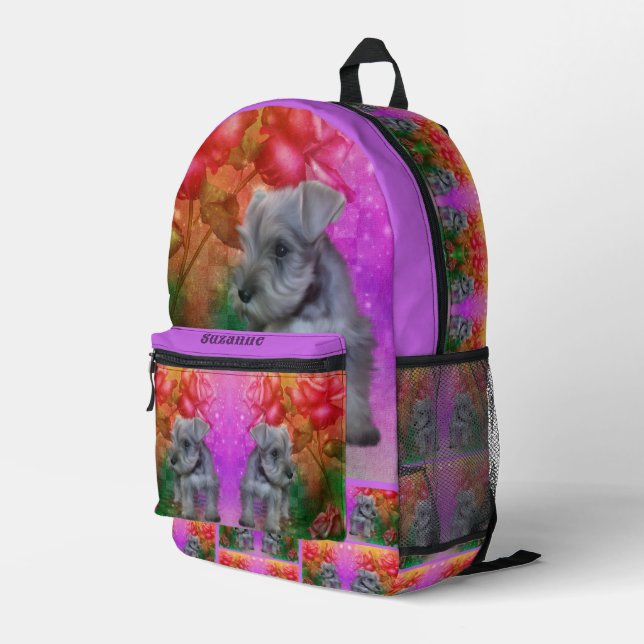 Schnauzer Puppy Roses Dog Personalised Printed Backpack (Back Corner Right)