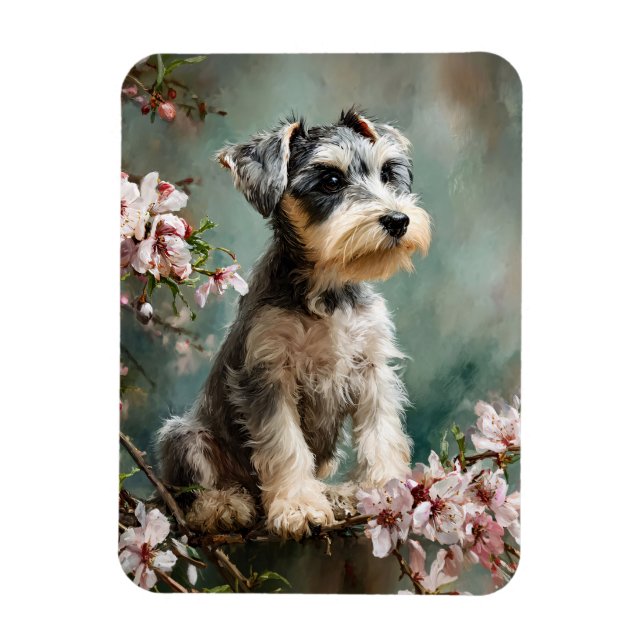 Schnauzer Puppy Spring Cherry Blossoms Flexible Magnet (Vertical)