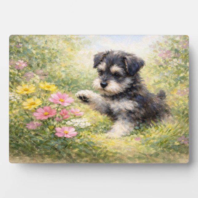Schnauzer Puppy Springtime Flowers Plaque (Front)