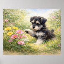 Schnauzer Puppy Springtime Flowers