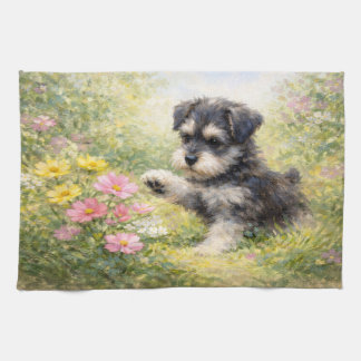 Schnauzer Puppy Springtime Flowers Tea Towel