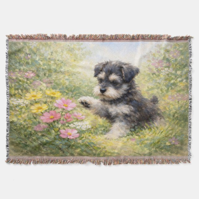 Schnauzer Puppy Springtime Flowers Throw Blanket (Front)