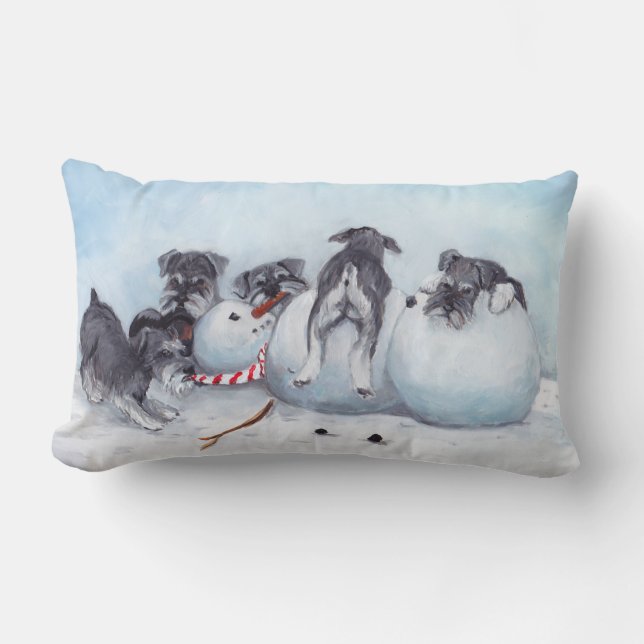 Schnauzer Pups Attack Snowman Dog Art Throw Pillow (Front)