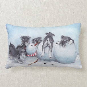 Schnauzer Pups Attack Snowman Dog Art Throw Pillow