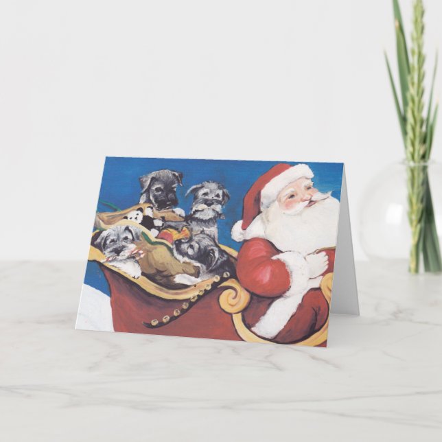 Schnauzer Pups Santa Dog Art Christmas Card (Front)
