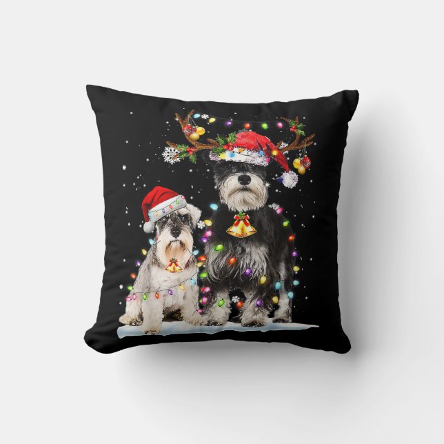 Schnauzer Reindeer Santa Hat Xmas Lights Christmas Cushion (Front)