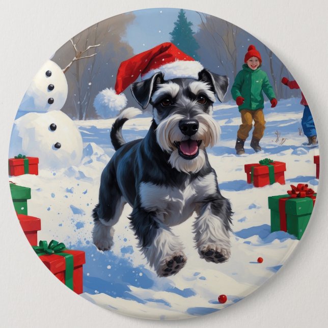 Schnauzer Running in Snow with Christmas Hat 6 Cm Round Badge (Front)