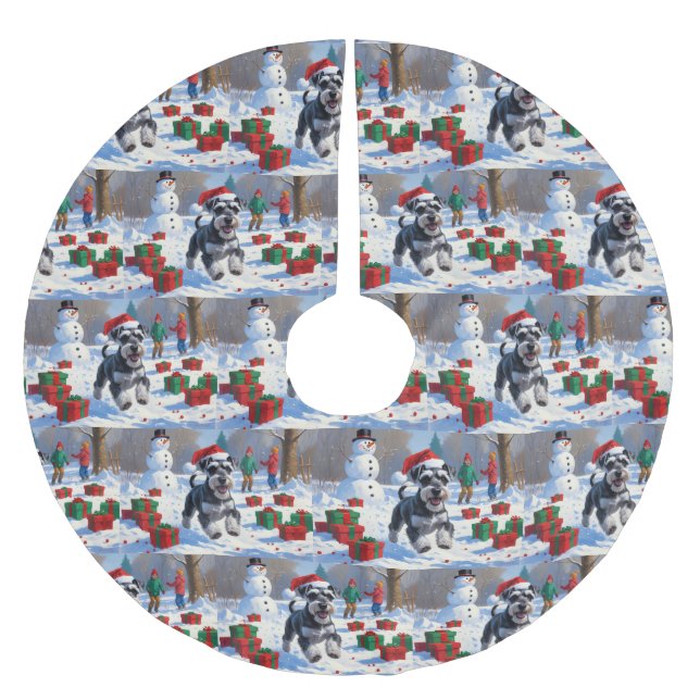 Schnauzer Running in Snow with Christmas Hat Brushed Polyester Tree Skirt (Front)