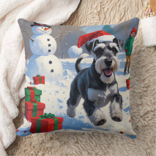Schnauzer Running in Snow with Christmas Hat Cushion