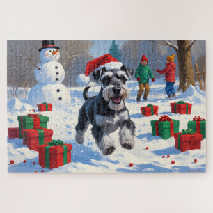 Schnauzer Running in Snow with Christmas Hat Jigsaw Puzzle