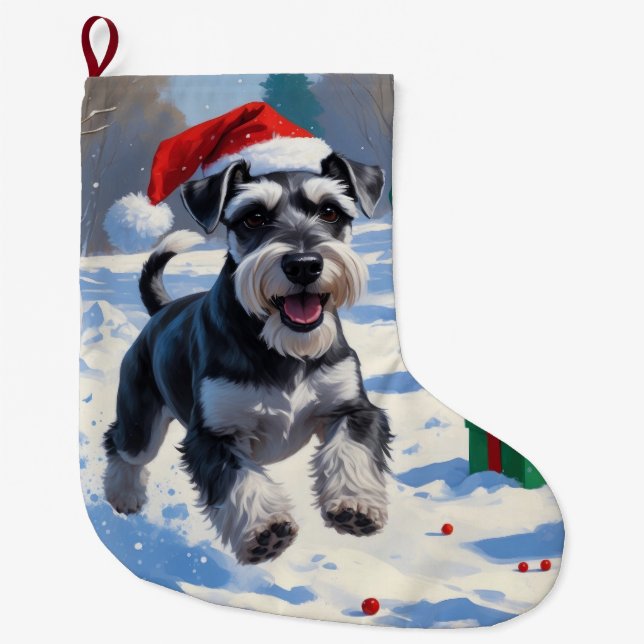 Schnauzer Running in Snow with Christmas Hat Large Christmas Stocking (Front)