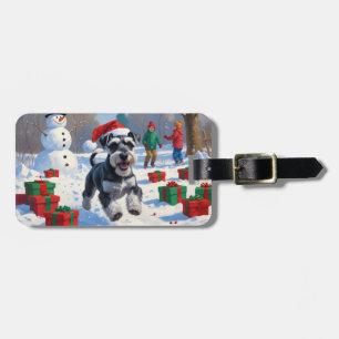 Schnauzer Running in Snow with Christmas Hat Luggage Tag