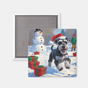 Schnauzer Running in Snow with Christmas Hat Magnet