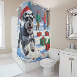 Schnauzer Running in Snow with Christmas Hat Shower Curtain