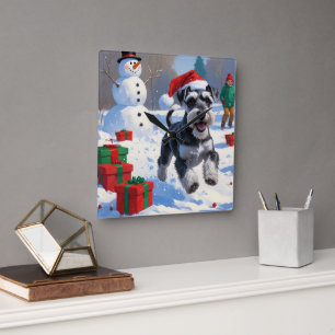 Schnauzer Running in Snow with Christmas Hat Square Wall Clock