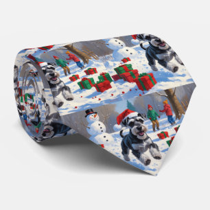 Schnauzer Running in Snow with Christmas Hat Tie