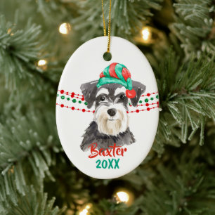 Schnauzer Santa Hat Holiday String Beads Ceramic Ornament