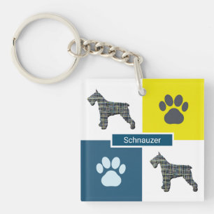 Schnauzer Silhouette Dog & Paw Yellow & Blue Grid Key Ring
