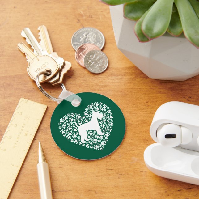 Schnauzer Silhouette Heart Paws Print - Dog Lover Key Ring (Desk)