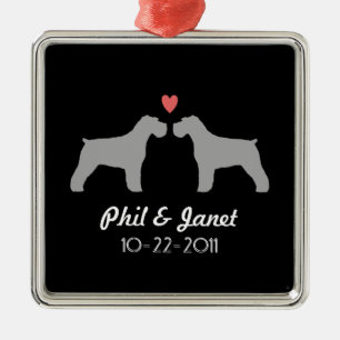 Schnauzer Silhouettes Love Dogs Newlywed Custom Metal Ornament