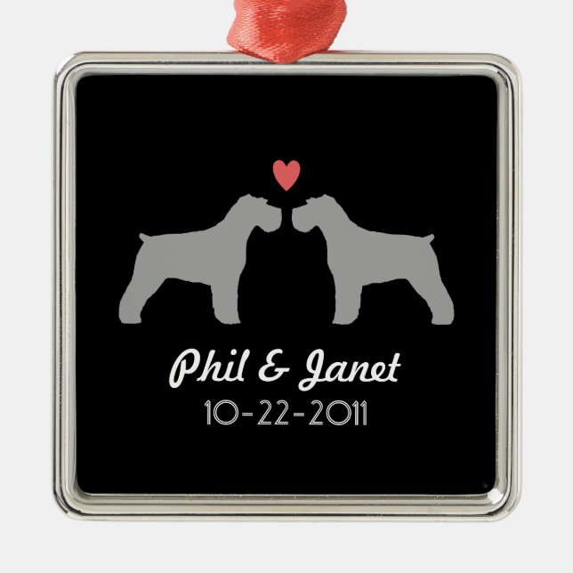 Schnauzer Silhouettes Love Dogs Newlywed Custom Metal Ornament (Front)