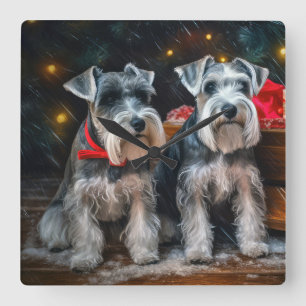 Schnauzer Snowy Sleigh Christmas Decor Square Wall Clock