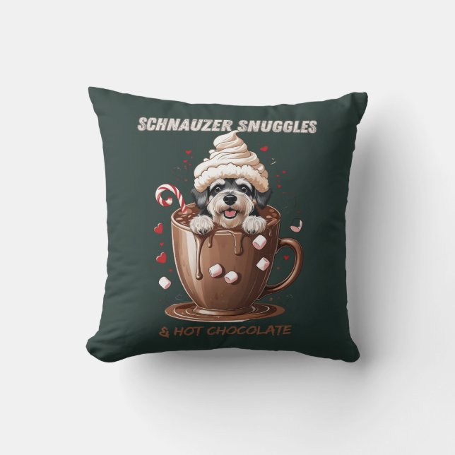 Schnauzer Snuggles & Hot Chocolate Cushion (Front)