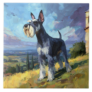 Schnauzer Sunlit Countryside Landscape Art Ceramic Tile