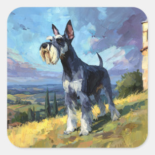 Schnauzer Sunlit Countryside Landscape Art Square Sticker