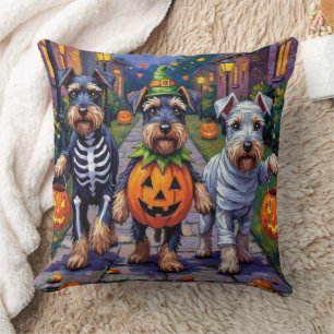 Schnauzer Trick-or-Treating in Halloween Costumes Cushion