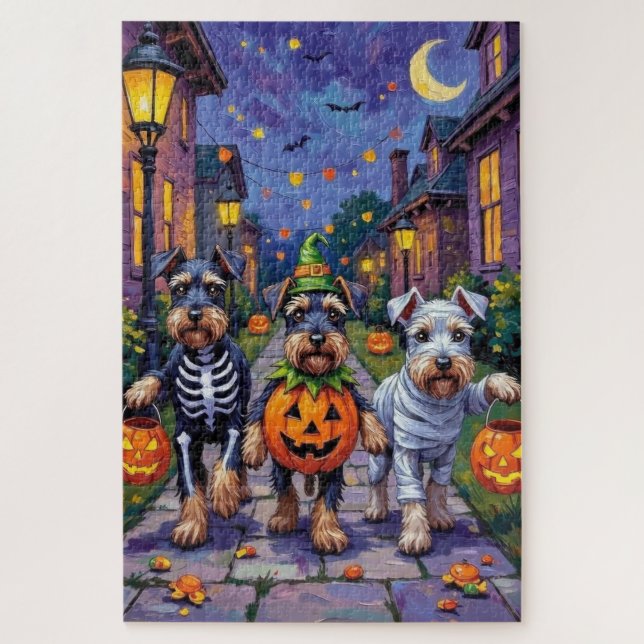 Schnauzer Trick-or-Treating in Halloween Costumes Jigsaw Puzzle (Vertical)